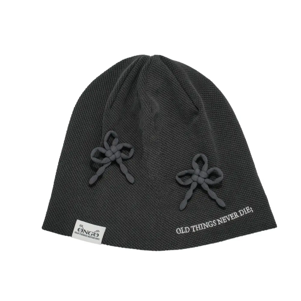 韓國 ONGO Beanie Waffle 華夫格小花結針織毛帽 炭灰色