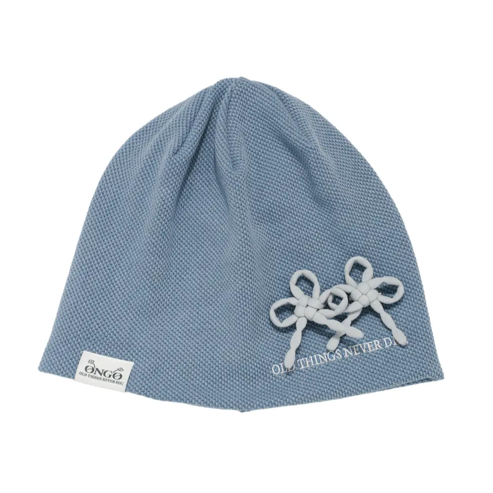 韓國 ONGO Beanie Waffle 華夫格小花結針織毛帽 藍色
