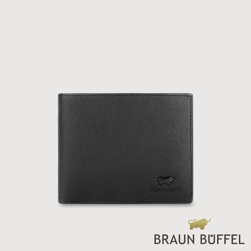【BRAUN BUFFEL 德國小金牛】台灣總代理 艾康-A1 9卡中間翻零錢袋短夾-黑色/BF582-318-BK