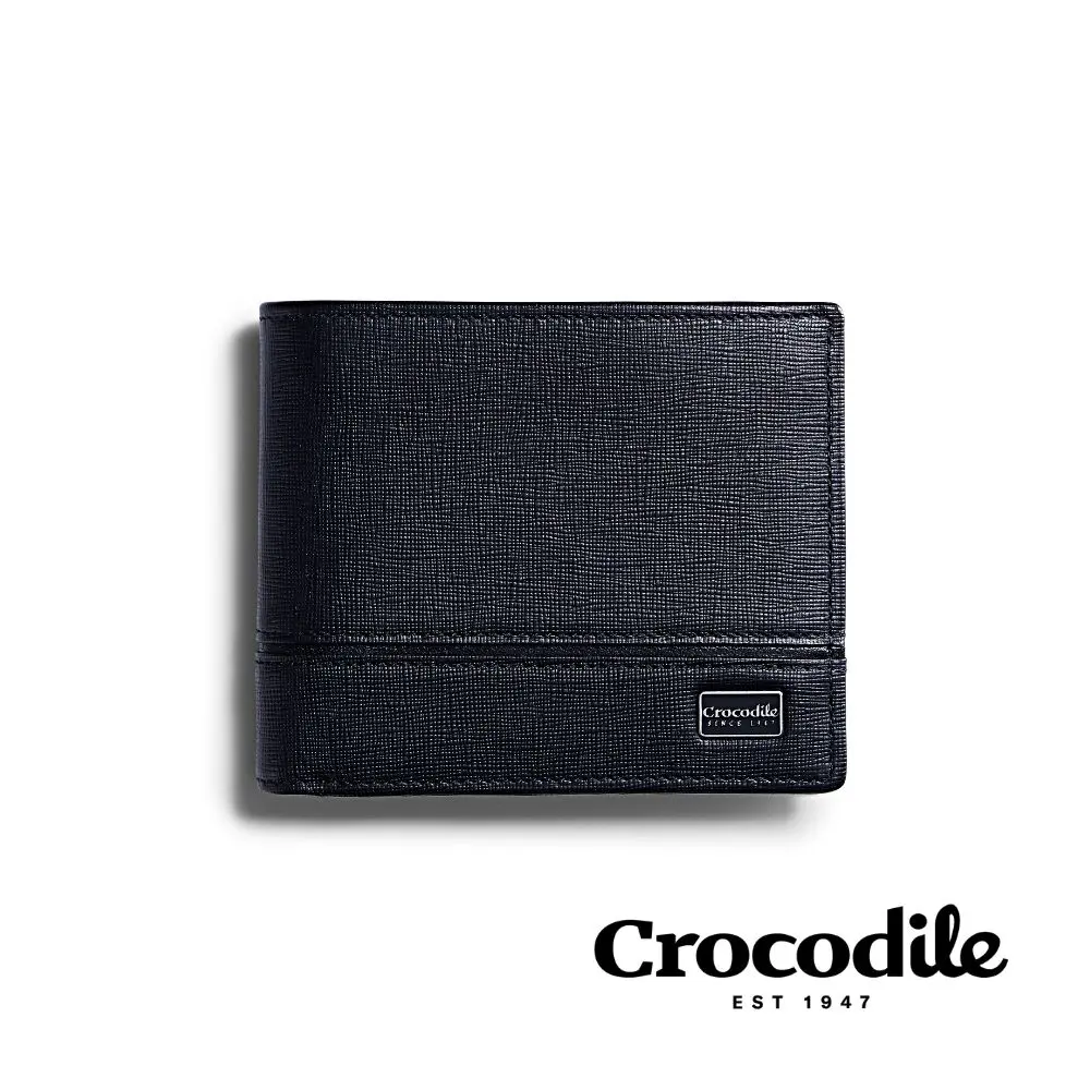 Crocodile 鱷魚皮件 男生皮夾 真皮短夾 9卡夾 拉鍊零錢袋 中翻子夾 Oxford 2.0系列-0103-12102-黑藍兩色/ 黑色