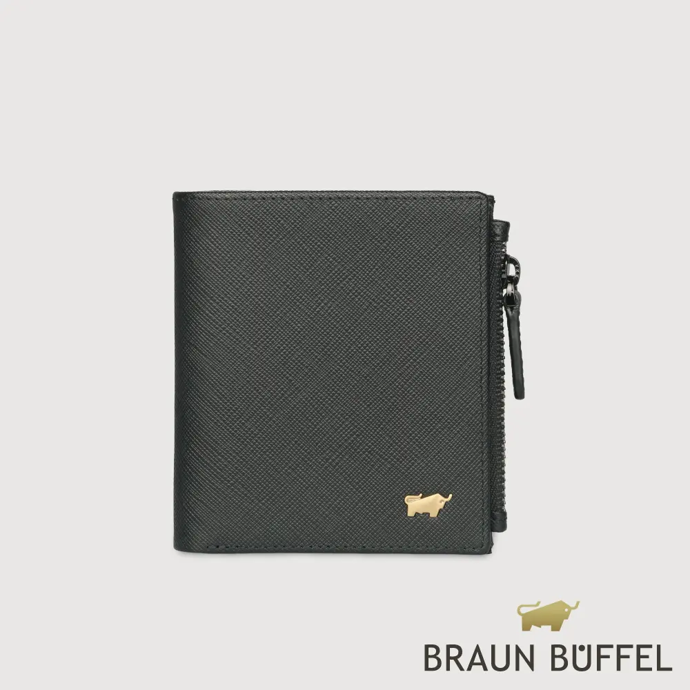 【BRAUN BUFFEL 德國小金牛】台灣總代理 尚恩A 6卡直立拉鍊零錢袋短夾-黑色(金色LOGO款)/BF354-325A-BK