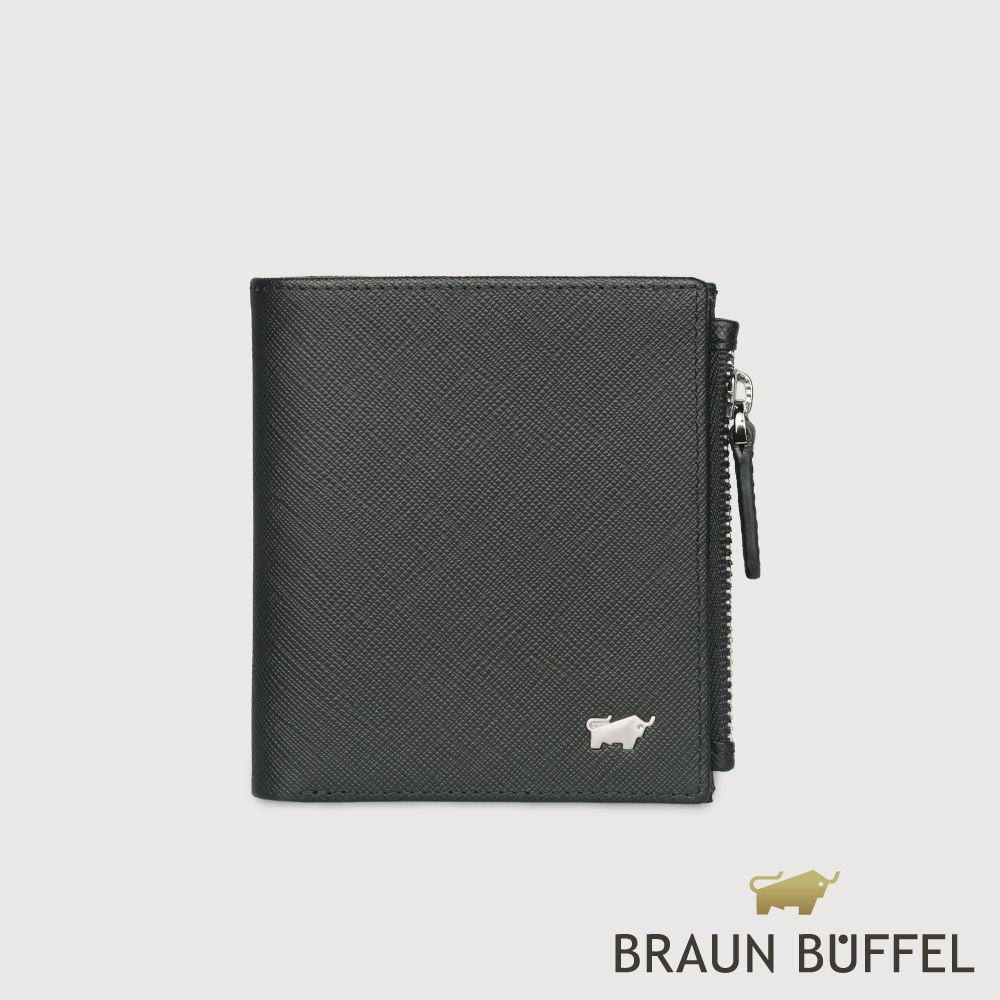 【BRAUN BUFFEL 德國小金牛】台灣總代理 尚恩A 6卡直立拉鍊零錢袋短夾-黑色/BF354-325-BK