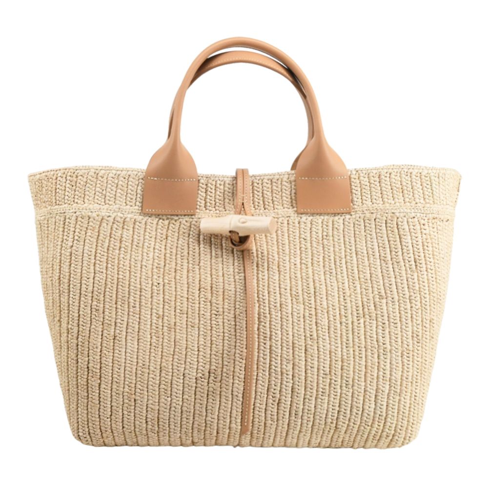 LONGCHAMP LE ROSEAU系列手工編織拉菲草竹扣手提包(黃棕)/平行輸入