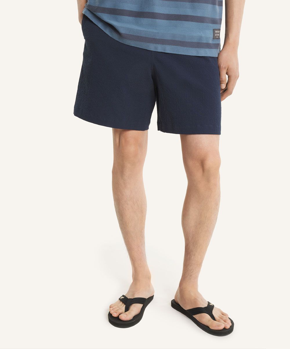 MAISON KITSUNÉ 經典海軍藍手繪LOGO鬆緊腰頭抽繩短褲/中性/男裝/ XL