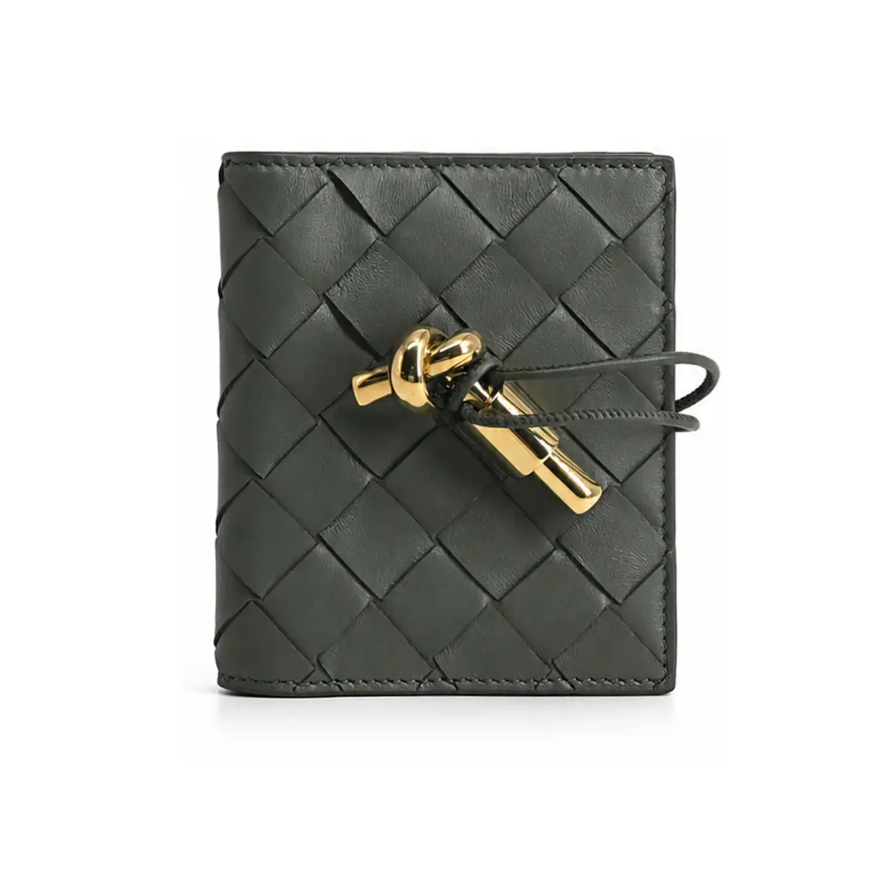 BOTTEGA VENETA Andiamo 經典編織羊皮對開卡片夾(墨綠)/平行輸入