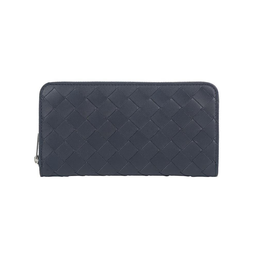 【BOTTEGA VENETA】小牛皮編織內拼色ㄇ形拉鍊長夾(午夜藍/岩灰色)/ 平行輸入