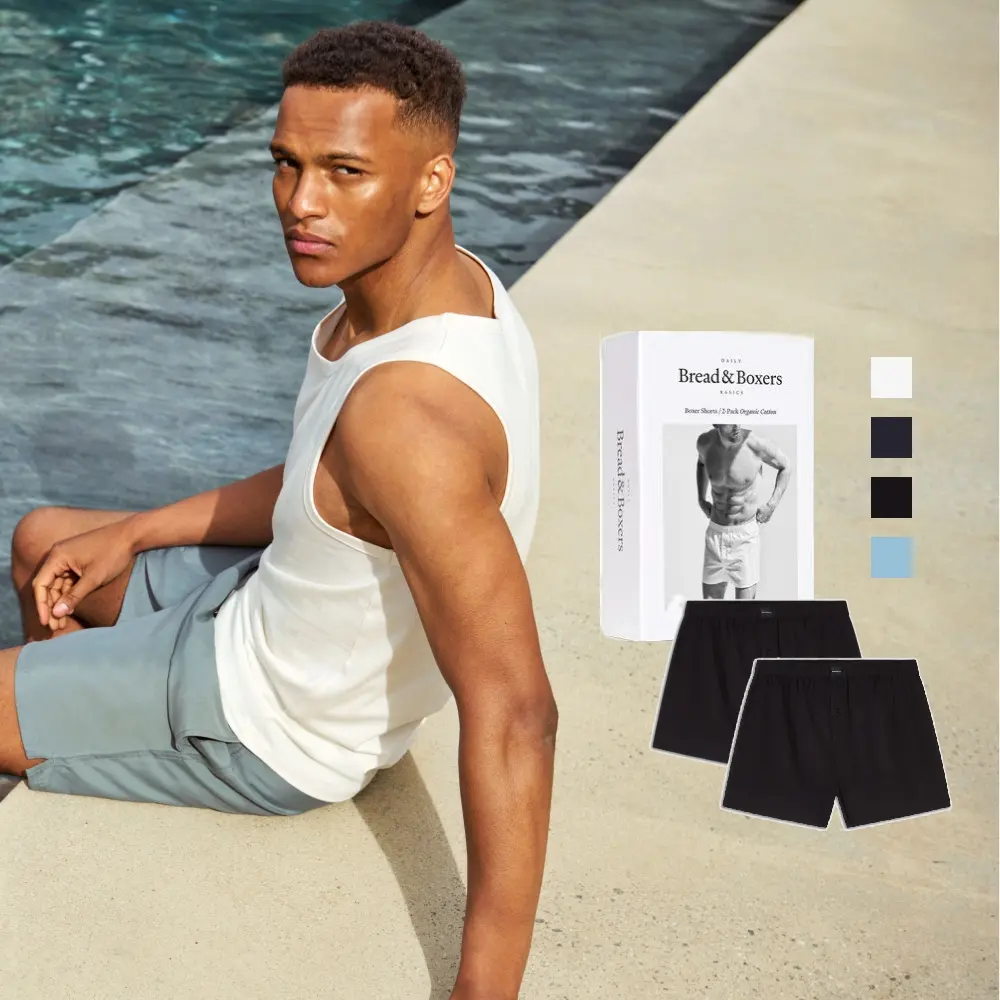 【夏日限定組】Bread & Boxers Tank Relaxed有機棉男用鬆身背心+Boxer Short有機棉男用鬆身四角內褲兩件組/ 深藍/ M