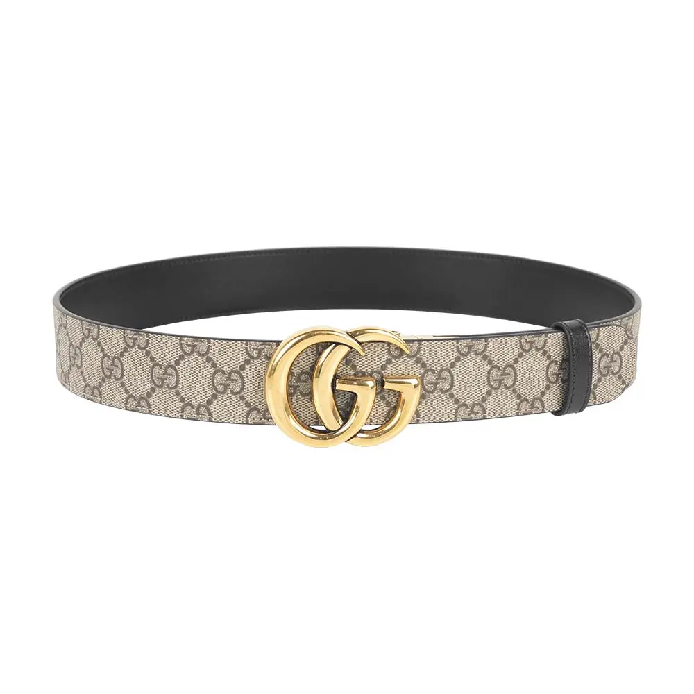【GUCCI】GG 霧金塗層帆布及牛皮寬3.7cm雙面可用皮帶 85cm(米色/黑色)/ 平行輸入
