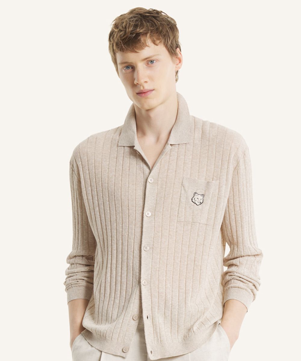 MAISON KITSUNÉ 柔霧奶茶色變化狐狸頭LOGO棉麻混紡羅紋長袖襯衫/中性/男裝/ XL