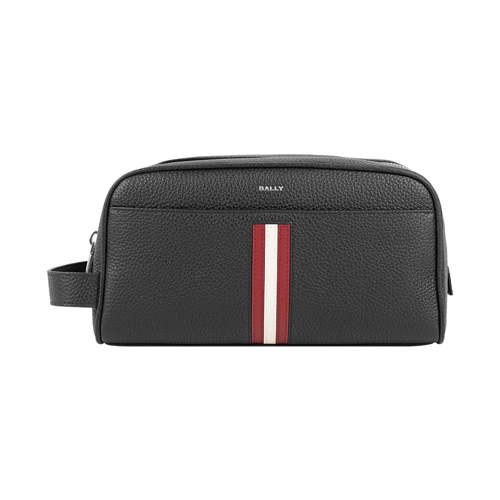 【BALLY】Ribbon 紅白條紋牛皮手拿包/萬用包/盥洗包(黑色)/ 平行輸入