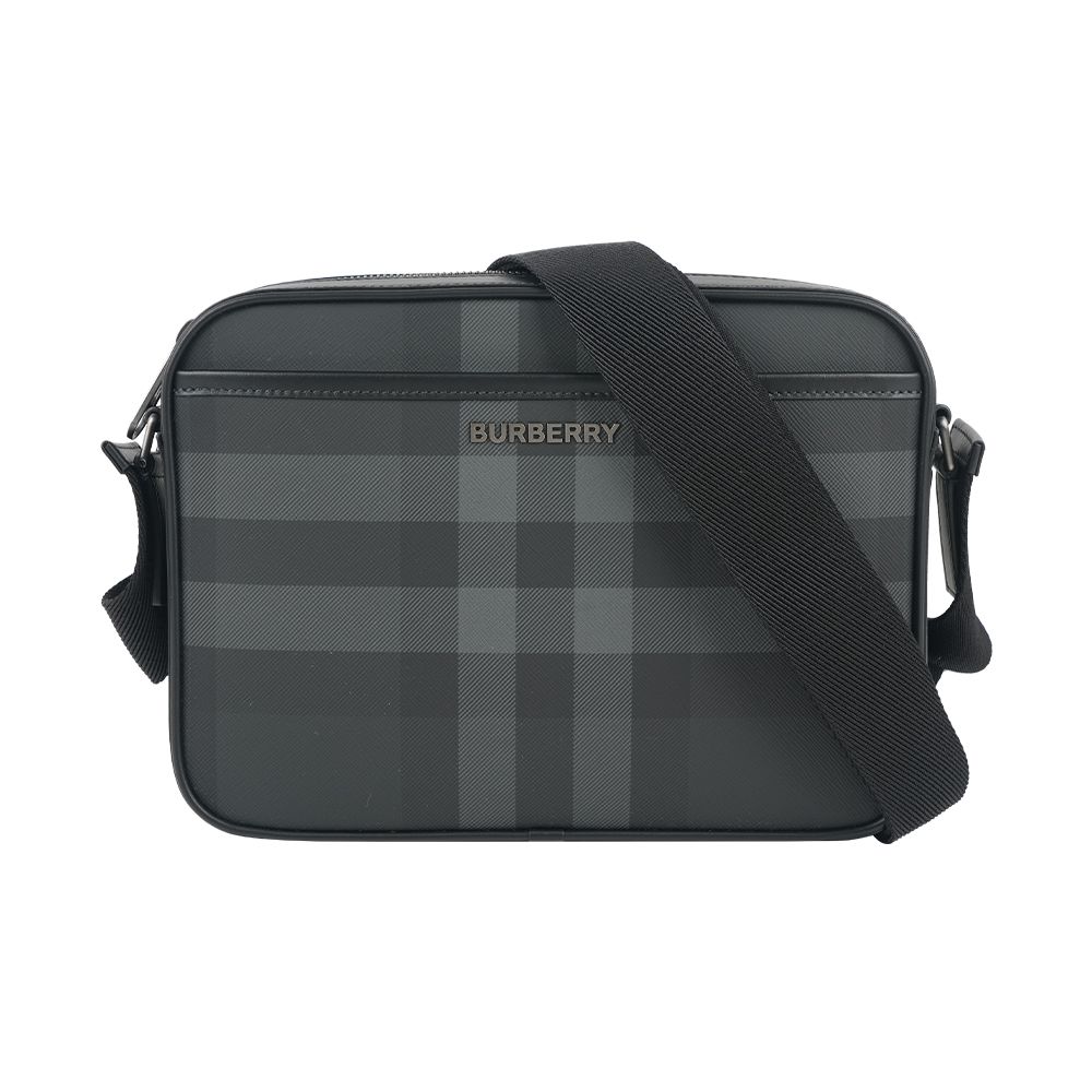 【BURBERRY】Muswell 格紋帆布及牛皮拉鍊斜背包(炭灰色)/ 平行輸入