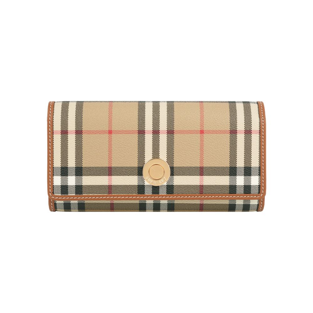 【BURBERRY】經典格紋及小牛皮翻蓋長夾(經典米色/石楠木棕)/ 平行輸入