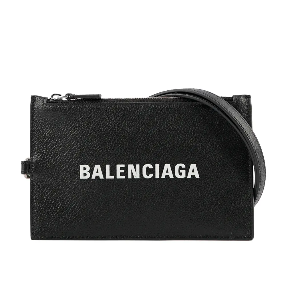 【BALENCIAGA】經典Logo牛皮卡片夾(附可拆式掛繩)(黑色)/ 平行輸入