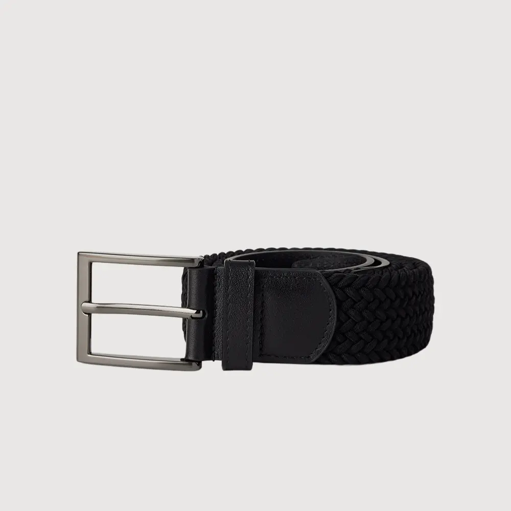 【BRAUN BUFFEL 德國小金牛】台灣總代理 都會時尚 黑色編織伸縮皮帶-鎗色/BF26B-WEG065-GUN/ 40吋