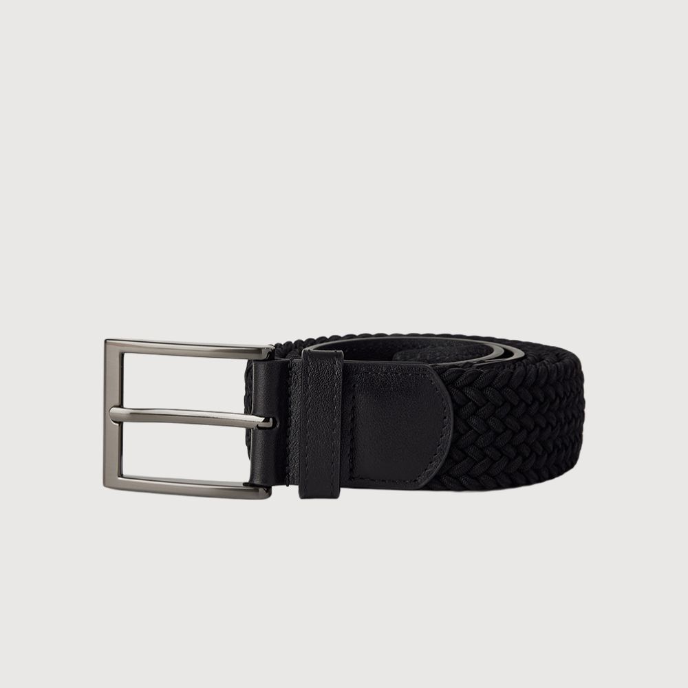 【BRAUN BUFFEL 德國小金牛】台灣總代理 都會時尚 黑色編織伸縮皮帶-鎗色/BF26B-WEG065-GUN/ 44吋