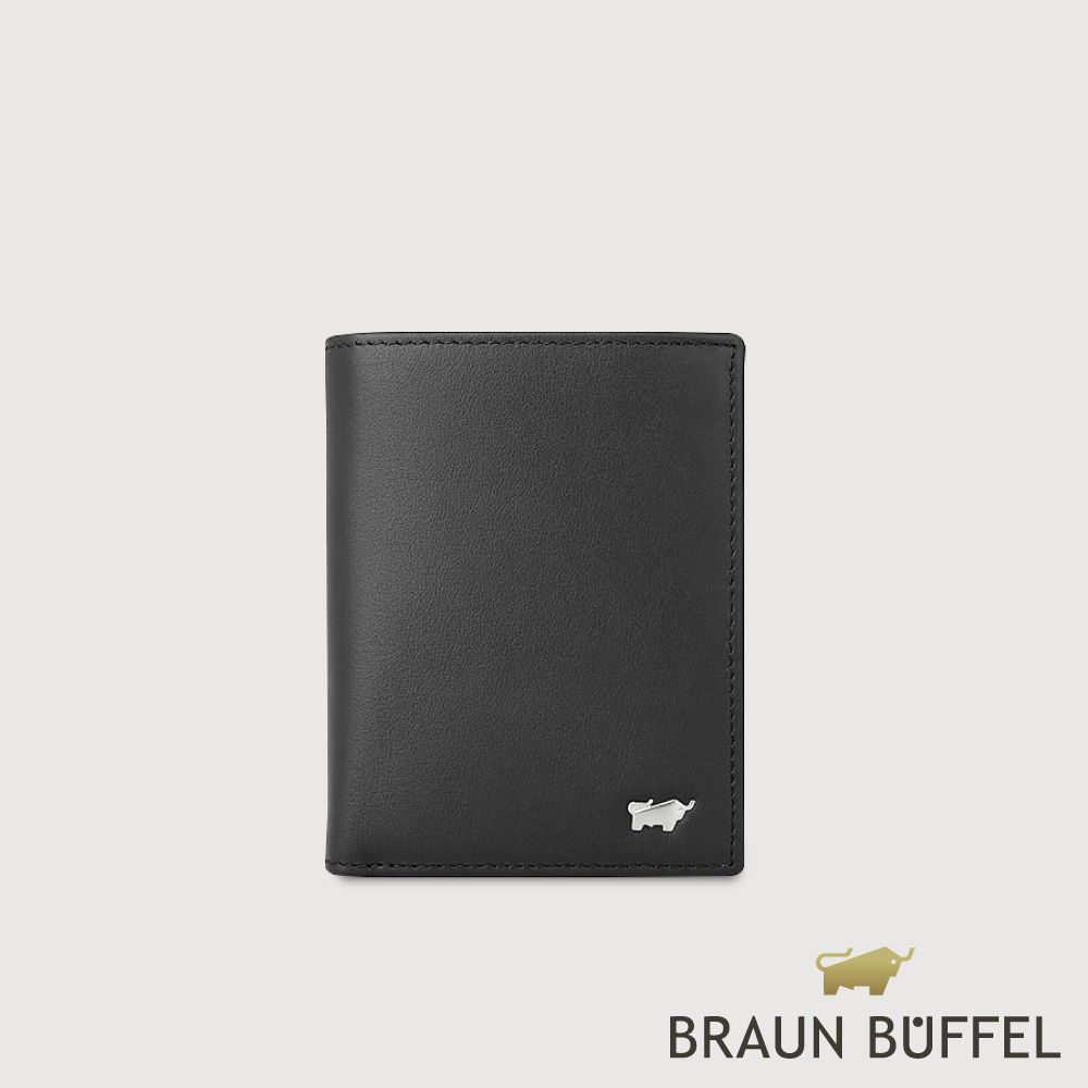 【BRAUN BUFFEL 德國小金牛】台灣總代理 彬達 6卡直立中間翻零錢袋短夾-黑色/BF584-307-BK