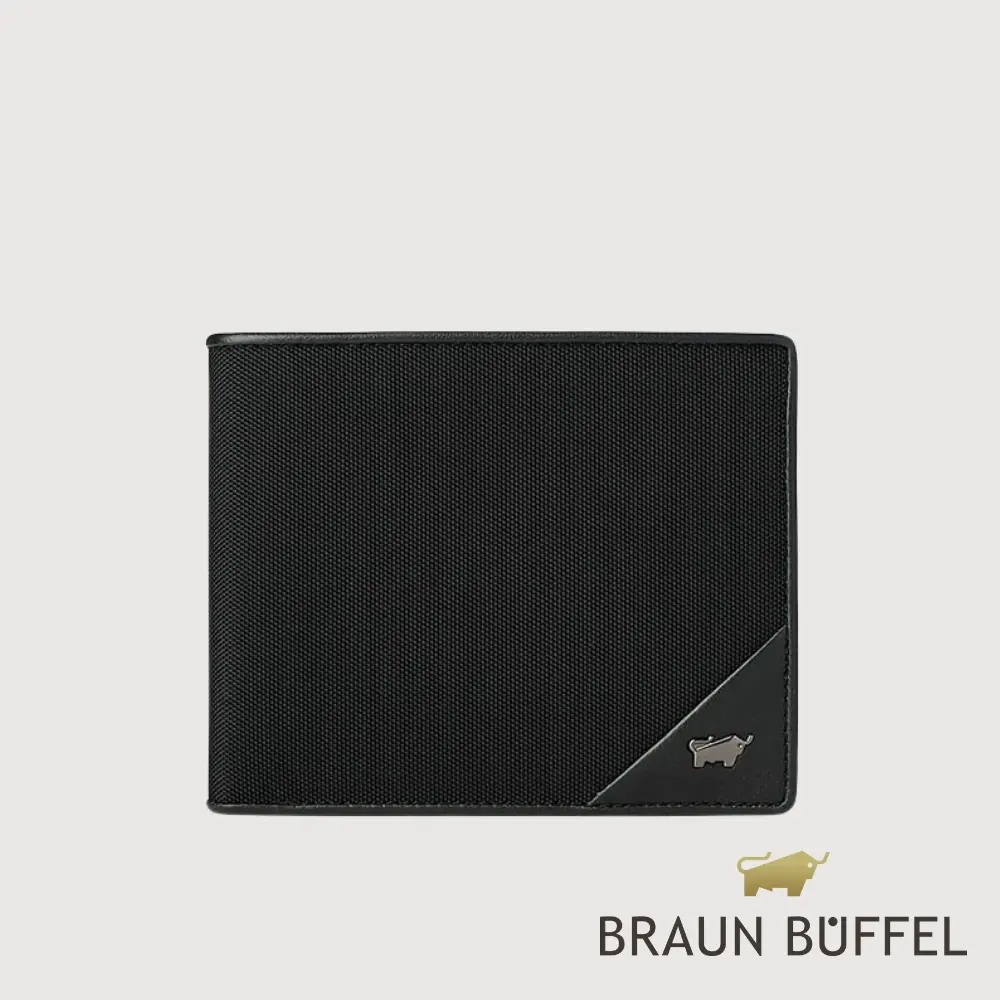 【BRAUN BUFFEL 德國小金牛】台灣總代理 瑞沃 8卡中間翻零錢袋加大皮夾-黑色/BF593-348-BK