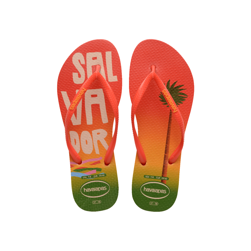 【havaianas 哈瓦仕】拖鞋 Slim Postcard 印花款 (4148968-5023W)/ 橘紅色/ 37/38