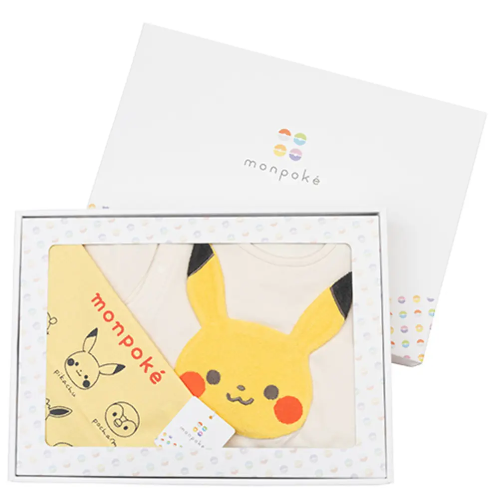 monpoké寶可夢寶寶 皮卡丘薄長袖連身衣禮盒組-附抽繩袋-黃袋