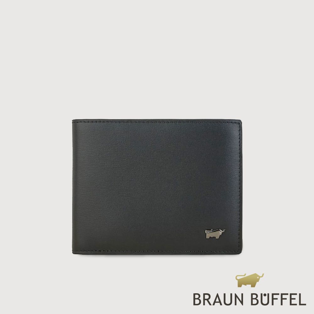 【BRAUN BUFFEL 德國小金牛】台灣總代理 卡特 8卡中間翻零錢袋短夾-黑色/BF585-318-BK