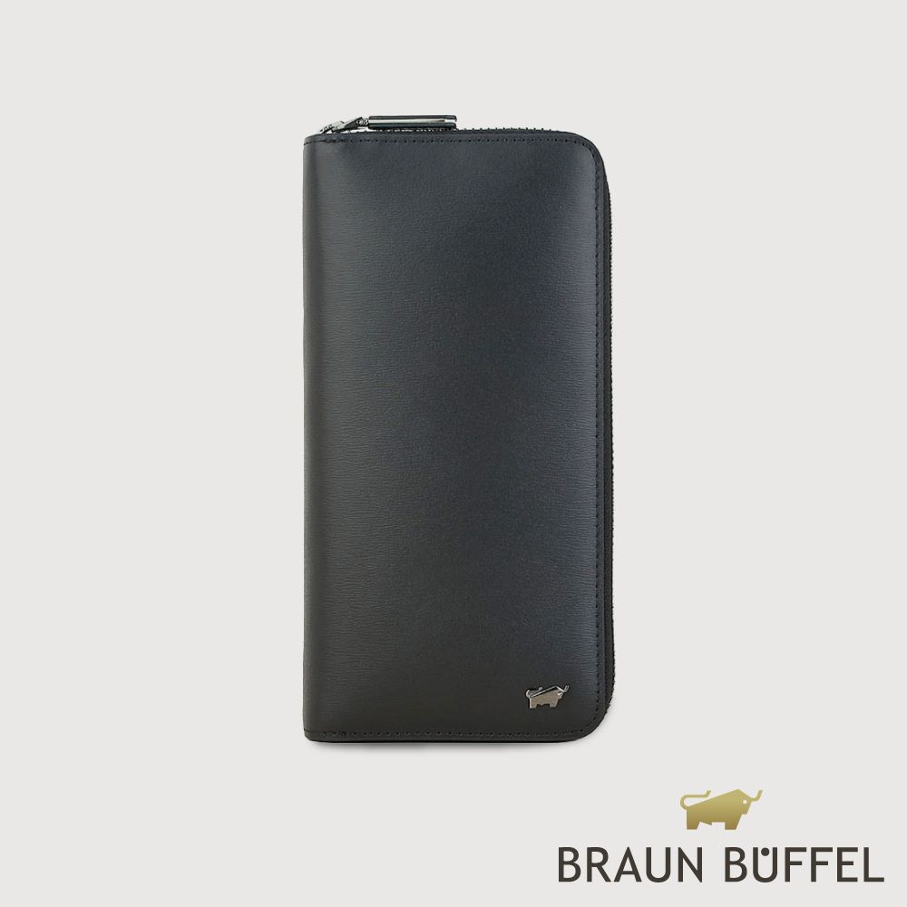 【BRAUN BUFFEL 德國小金牛】台灣總代理 卡特 8卡拉鍊長夾-黑色/BF585-601-BK