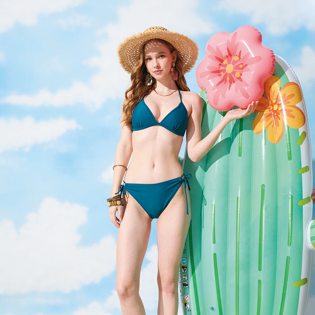 (莫妮娜) 台灣製 少女極簡美學 可調節式三角比基尼 泳裝 孔雀藍/ M