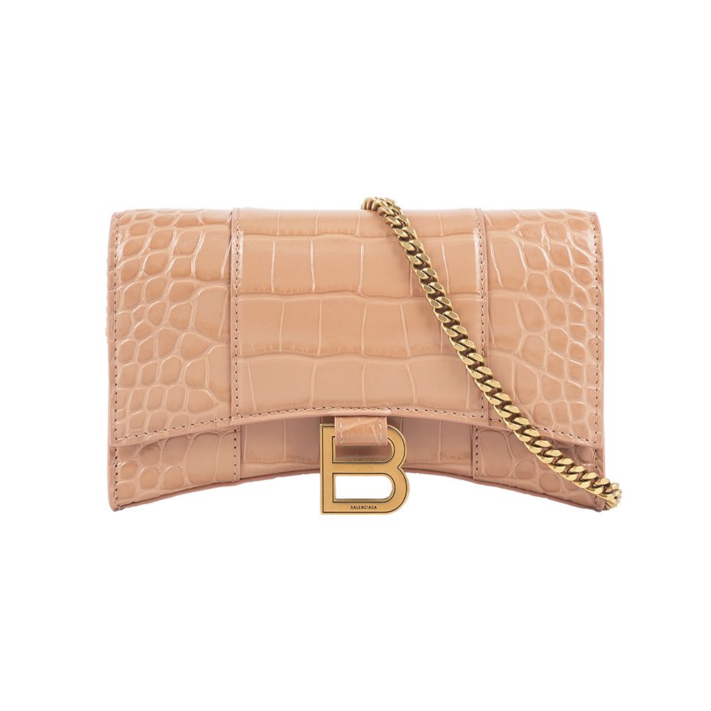 【BALENCIAGA】Hourglass 牛皮壓鱷魚紋皮夾式鏈包WOC(米色)/ 平行輸入