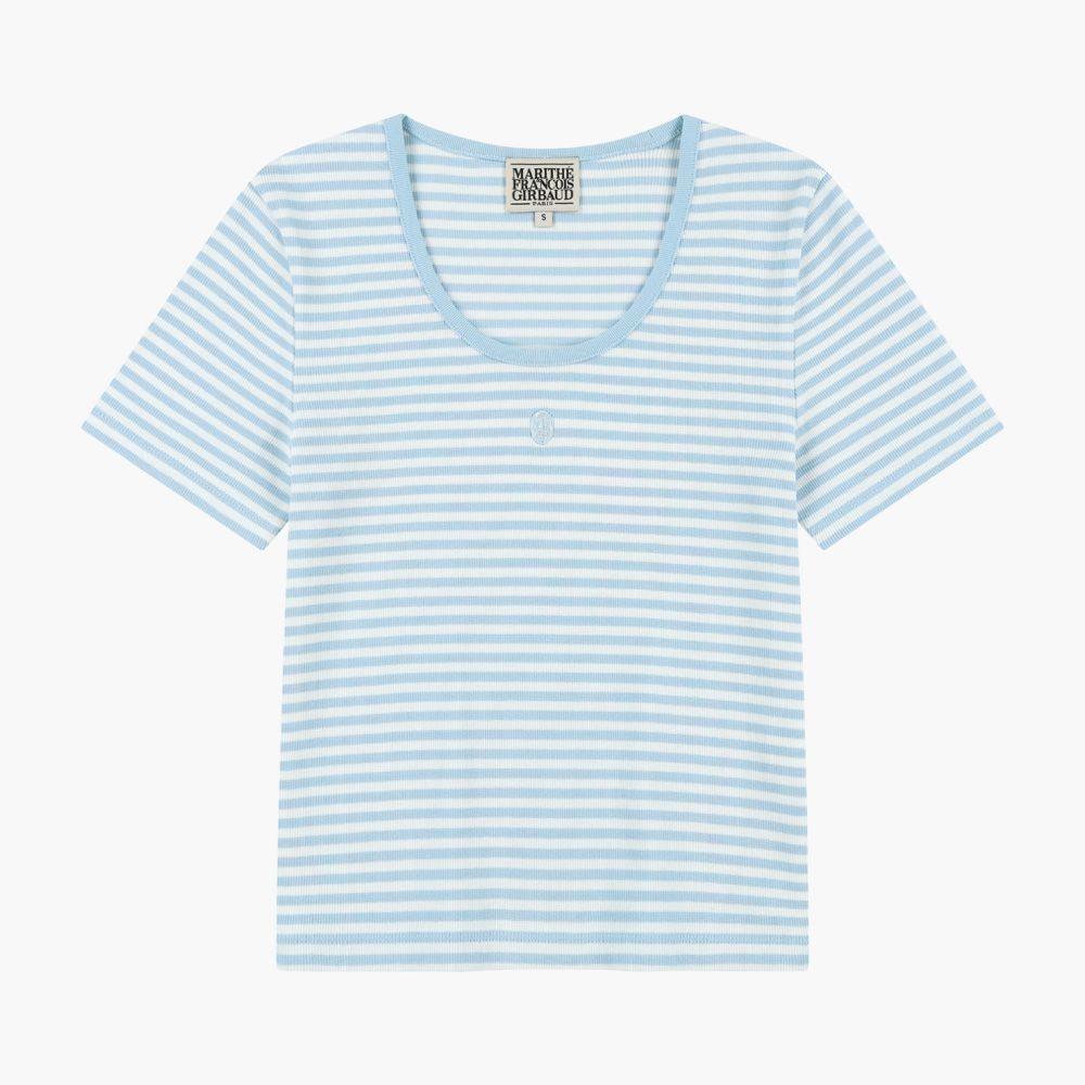 MARITHÉ FRANÇOIS GIRBAUD W DEEP NECK RINGER TEE 女款 深領撞色短袖T恤/ 天藍色sky blue/ 預購 M