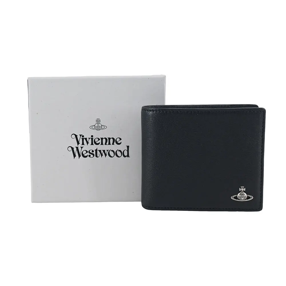Vivienne Westwood 經典光面皮革男短夾-黑/銀/平行輸入