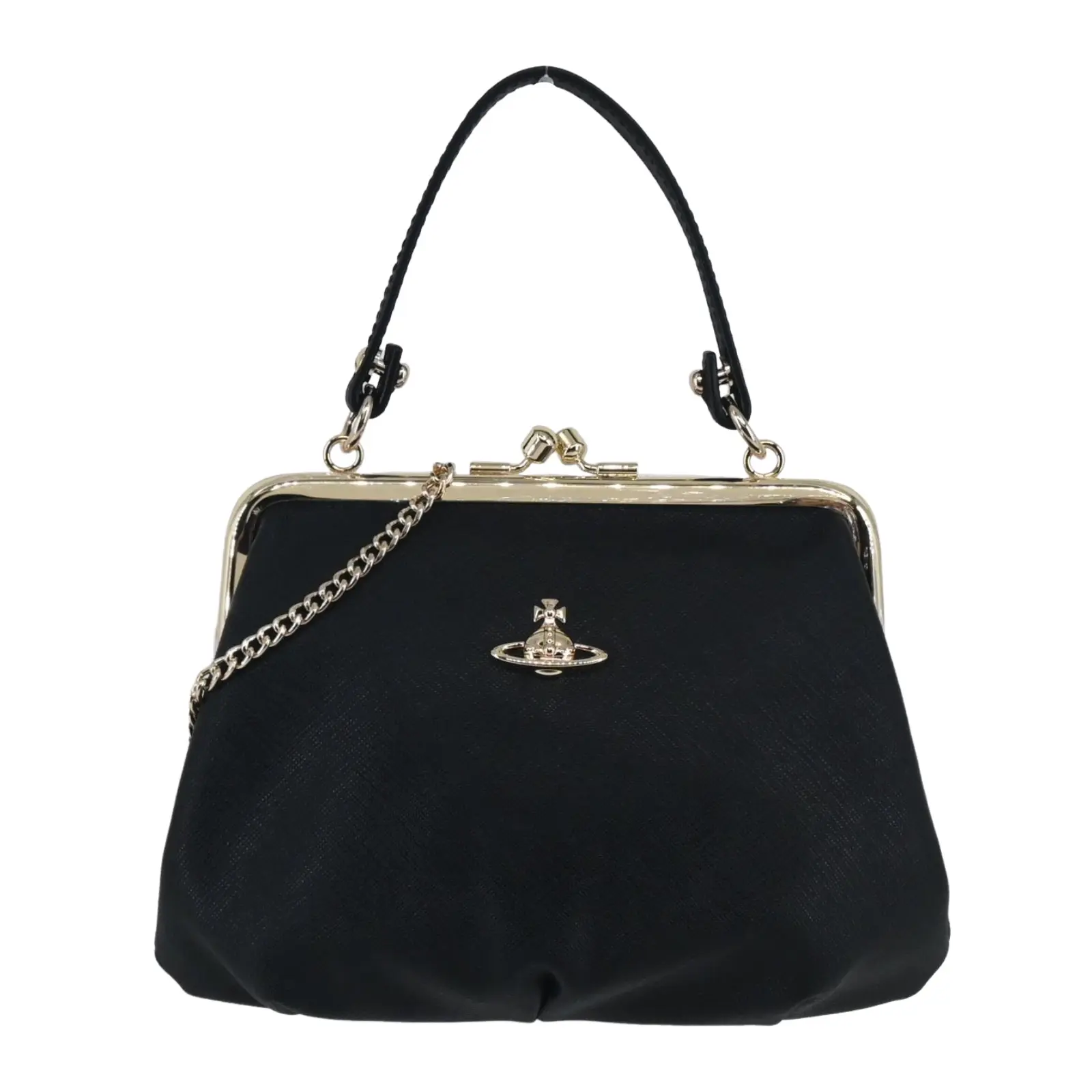 Vivienne Westwood LOGO經典防刮皮革2WAY口金包-黑/金/平行輸入