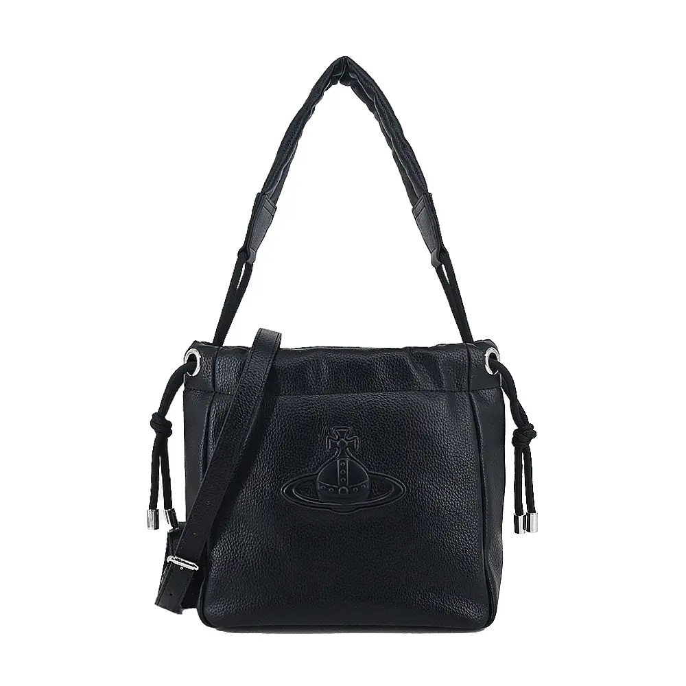 Vivienne Westwood  HILARY 浮雕logo荔枝皮革束口兩用水桶包-小/黑/平行輸入