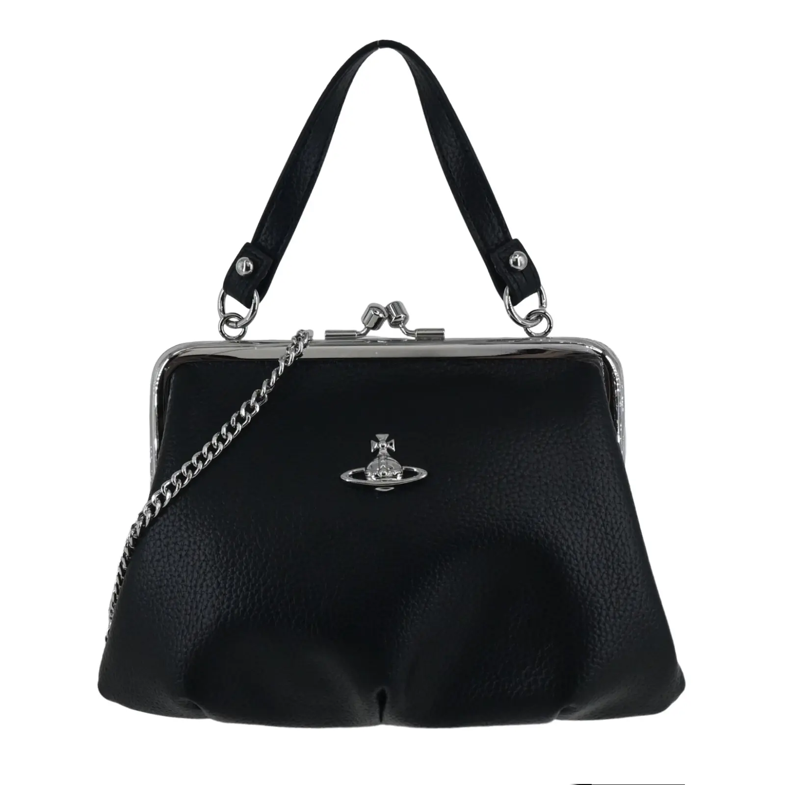 Vivienne Westwood LOGO經典皮革2WAY口金包-黑/銀/平行輸入