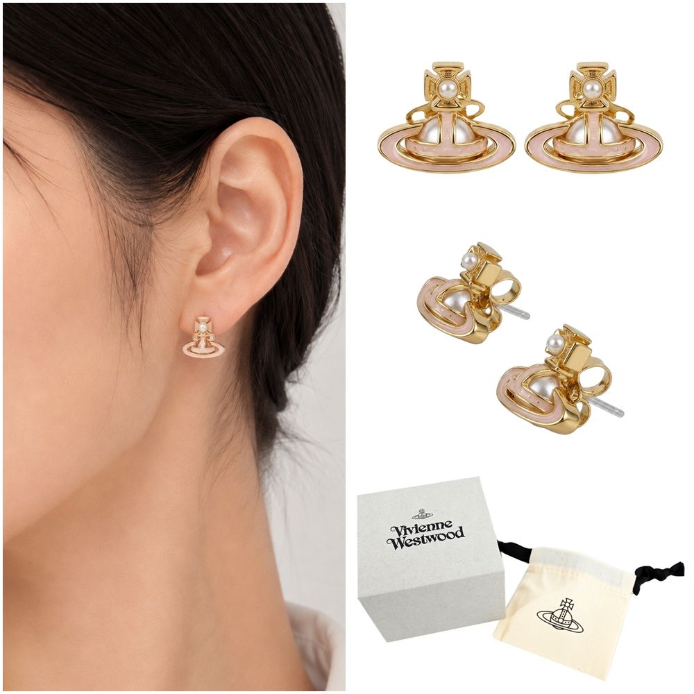 Vivienne Westwood Simonetta Bas Relief 經典琺瑯浮雕土星珍珠耳環(粉金)/平行輸入