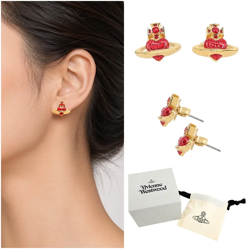 Vivienne Westwood Fabianna Bas Relief 限定琺瑯愛心土星耳環(紅/金)/平行輸入