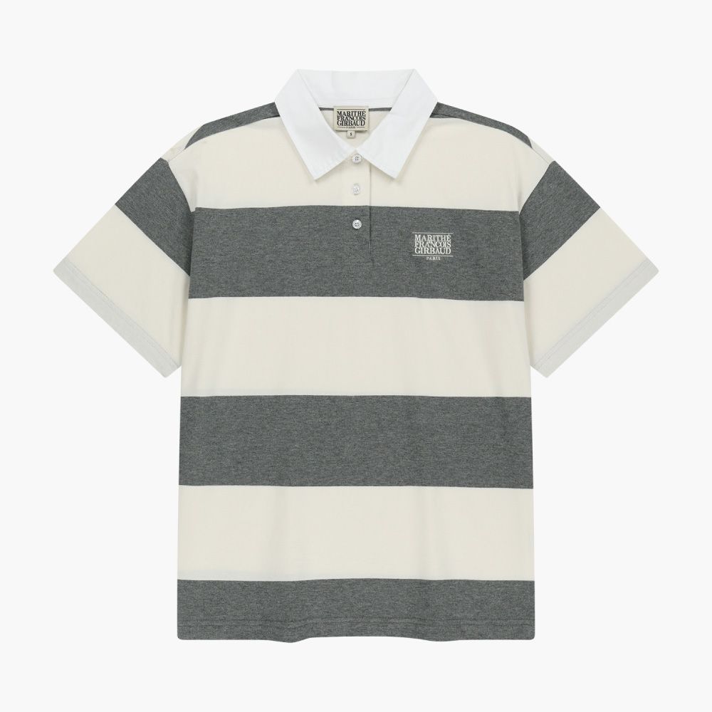 MARITHÉ FRANÇOIS GIRBAUD SMALL CLASSIC LOGO RUGBY STRIPE OVERSIZED COLLAR TEE 小標誌橄欖球條紋寬版翻領短袖上衣/ 象牙白ivory/ 預購 XL