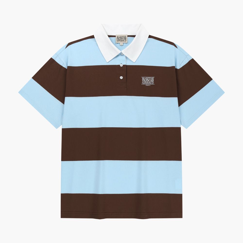 MARITHÉ FRANÇOIS GIRBAUD SMALL CLASSIC LOGO RUGBY STRIPE OVERSIZED COLLAR TEE 小標誌橄欖球條紋寬版翻領短袖上衣/ 天藍sky blue/ 預購 XL