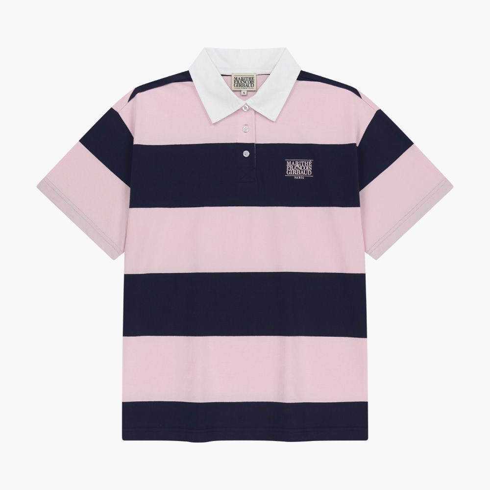 MARITHÉ FRANÇOIS GIRBAUD SMALL CLASSIC LOGO RUGBY STRIPE OVERSIZED COLLAR TEE 小標誌橄欖球條紋寬版翻領短袖上衣/ 粉紅色pink/ 預購 XL