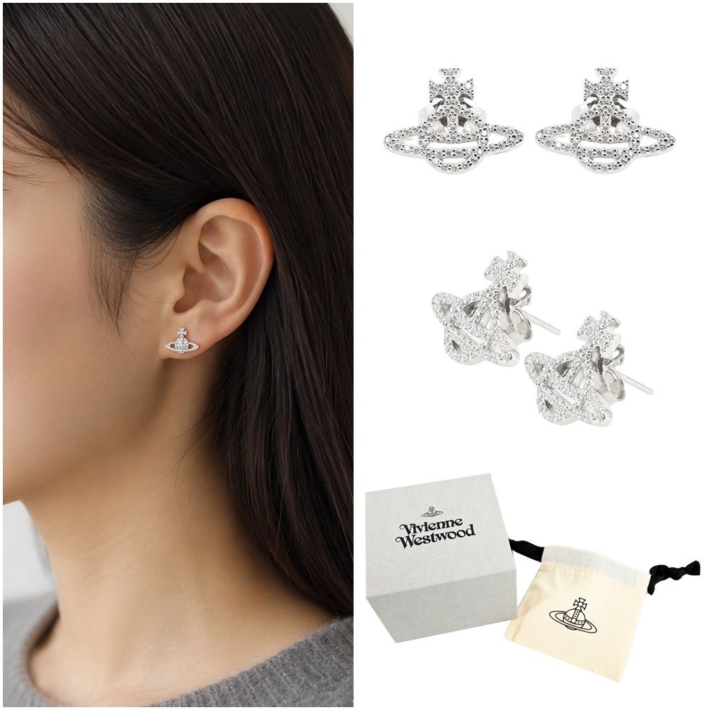Vivienne Westwood Calliope Earrings 經典微鑲水鑽鏤空土星銀耳環 (銀色)/平行輸入