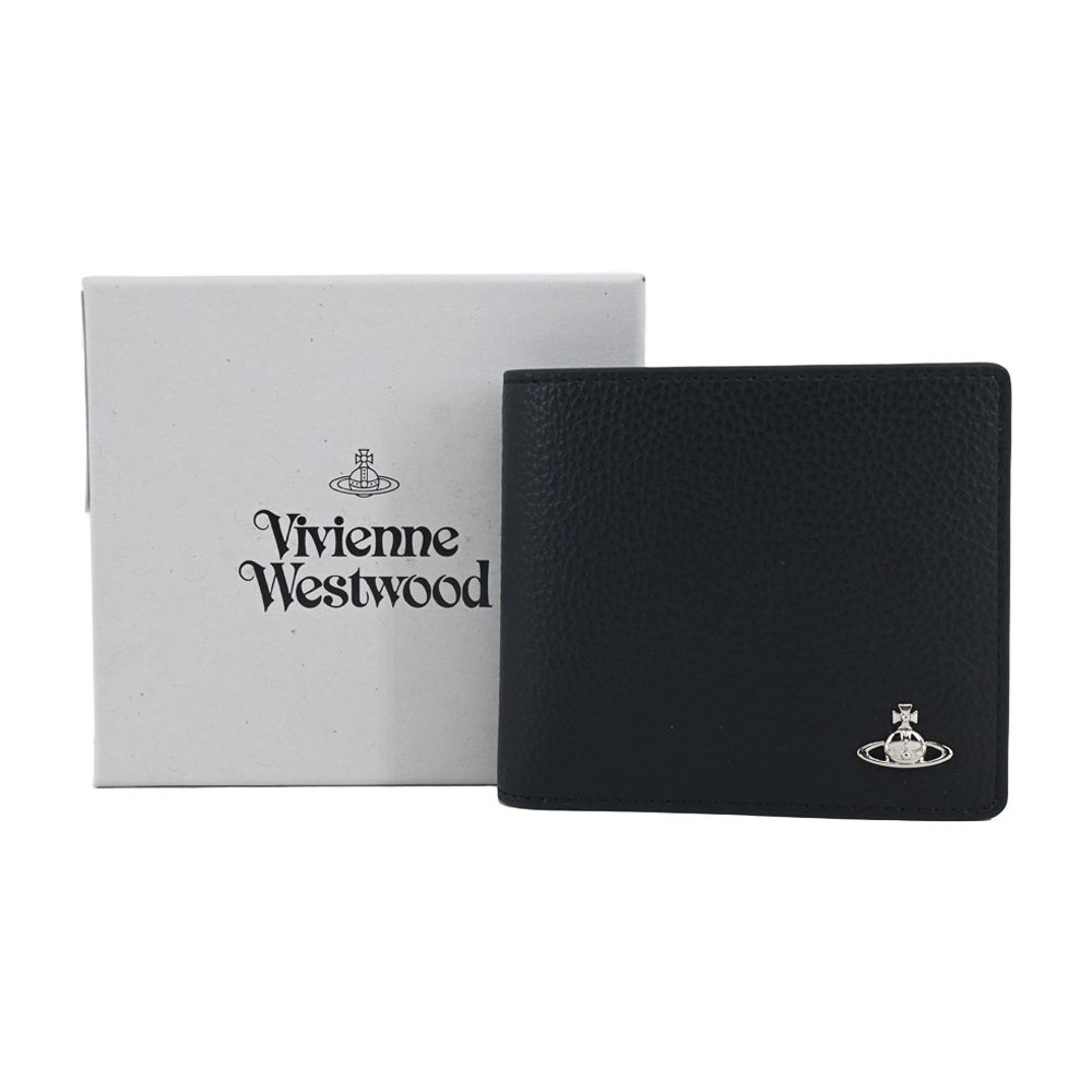 Vivienne Westwood 經典素面荔枝皮革男短夾-黑/銀/平行輸入