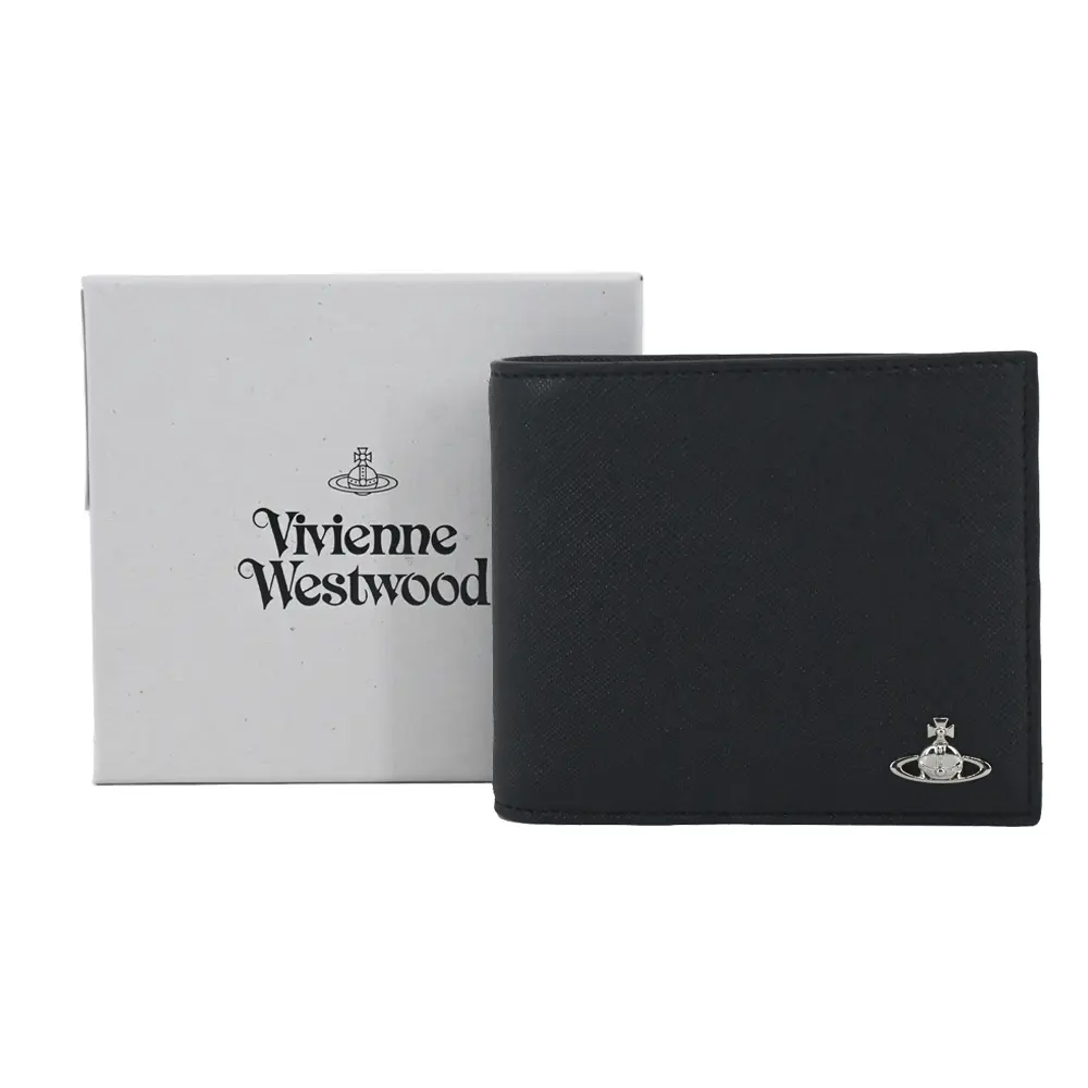 Vivienne Westwood 經典素面防刮皮革男短夾-黑/銀/平行輸入