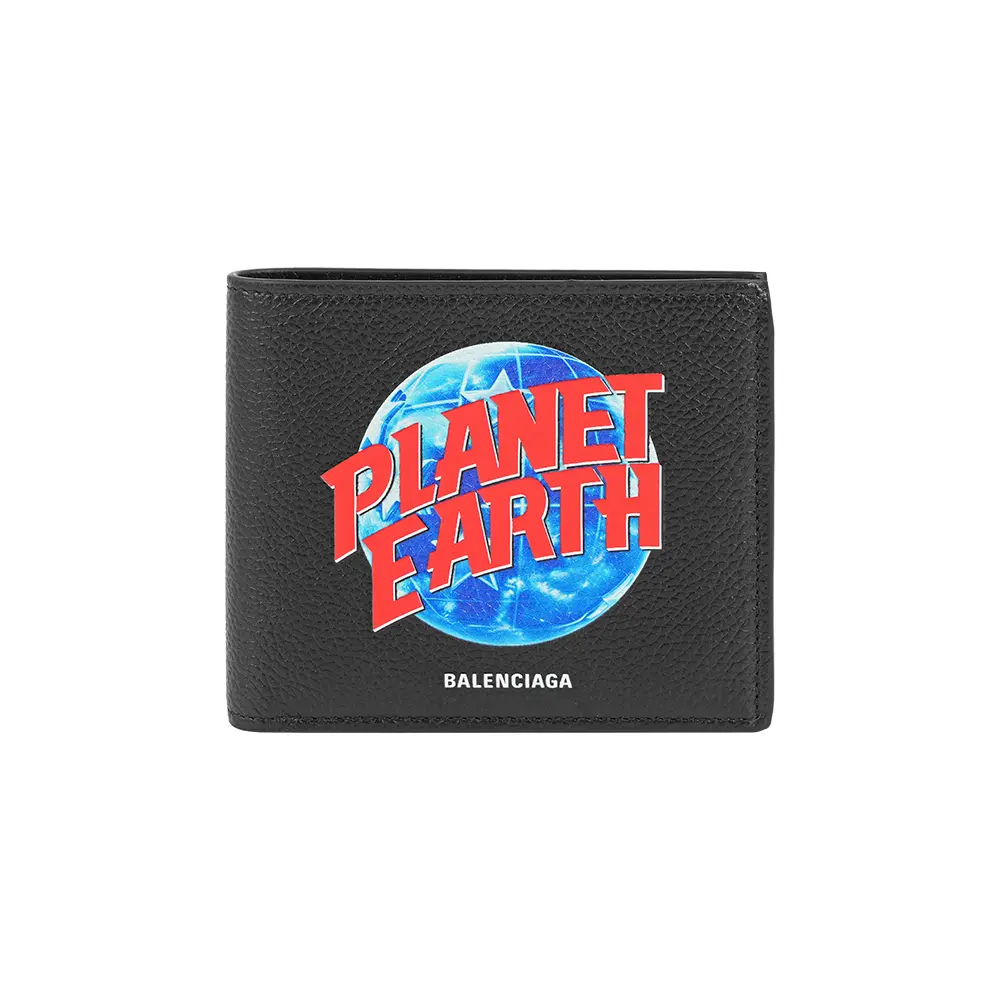 【BALENCIAGA】Planet Earth 地球圖案牛皮對開8卡短夾(黑色)/ 平行輸入