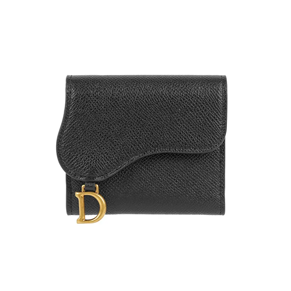 【Dior】Lotus Saddle 金釦牛皮三折短夾(黑色)/ 平行輸入