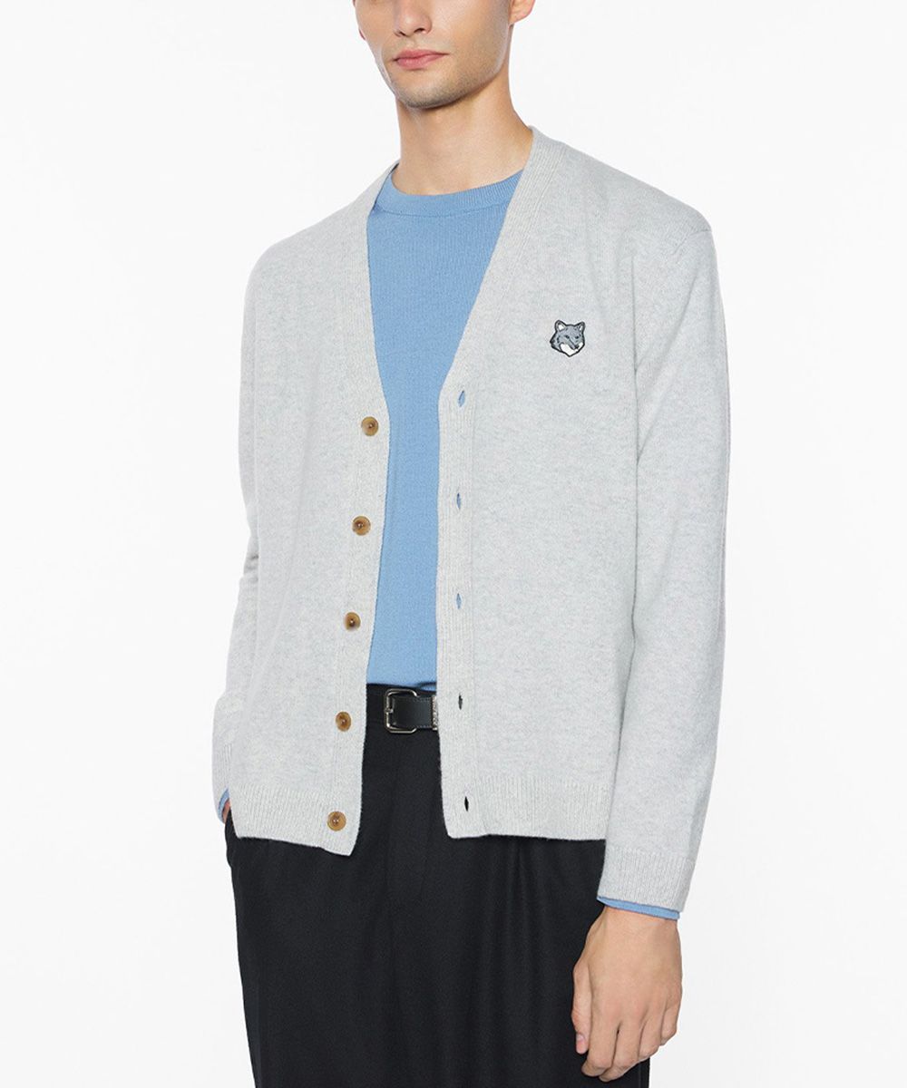 MAISON KITSUNÉ 雲霧灰灰狐狸LOGO舒適開襟針織衫/中性/男裝/ L