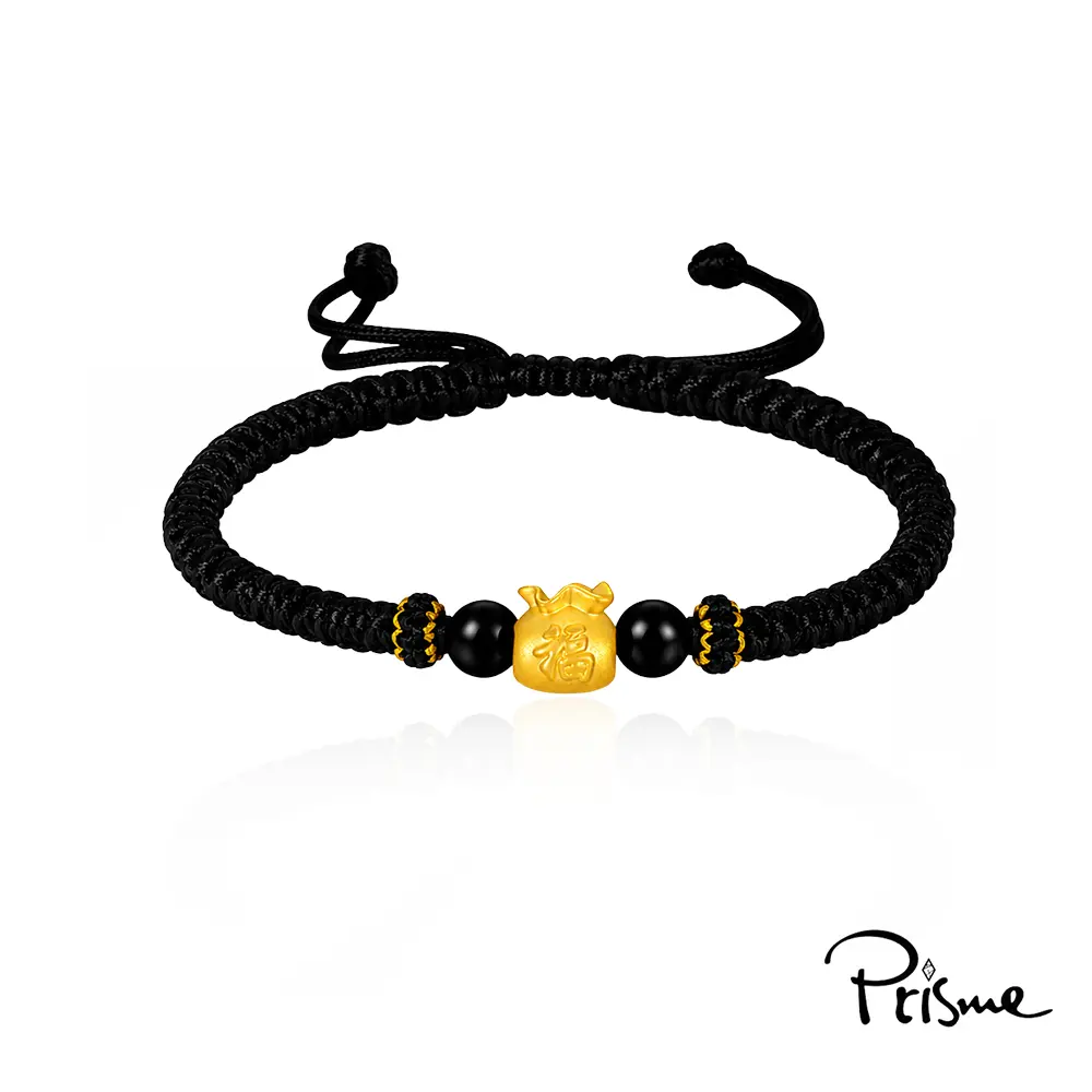 【Prisme Gold】黃金墜手鍊 純金999福袋 男士黑瑪瑙編織手環 (約重0.02錢±0.01)