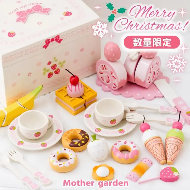 【Mother garden】木製玩具 下午茶-幸福時光-絲帶款 奶油白