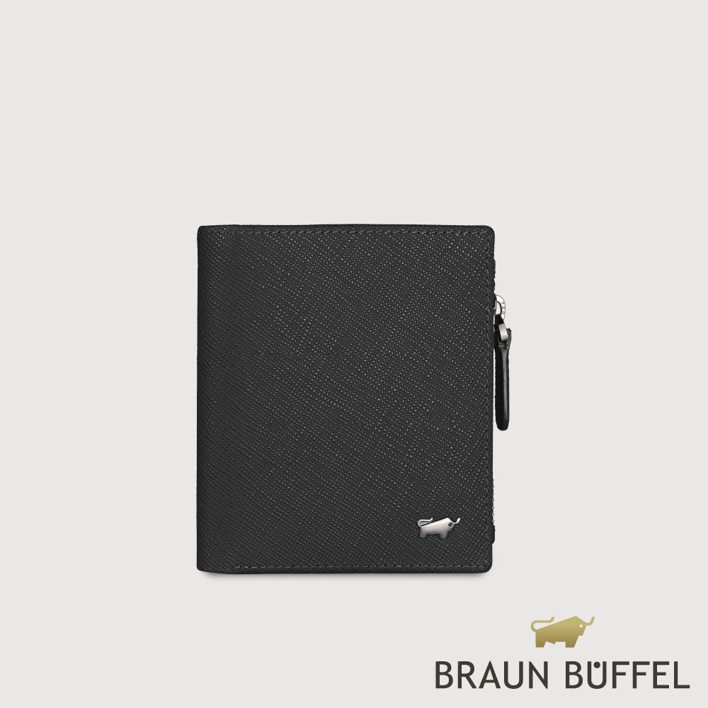 【BRAUN BUFFEL 德國小金牛】台灣總代理 HOMME-P 6卡直立拉鍊零錢袋短夾-黑色/BF598-325-BK