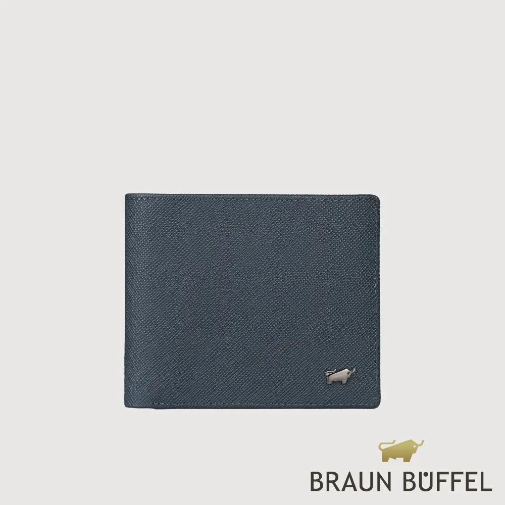 【BRAUN BUFFEL 德國小金牛】台灣總代理 HOMME-P 8卡中間翻零錢袋短夾-藍色/BF598-318-NY