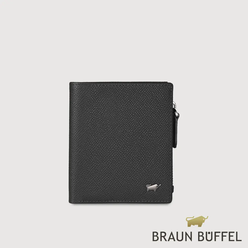 【BRAUN BUFFEL 德國小金牛】台灣總代理 HOMME-ZW 6卡直立拉鍊零錢袋短夾-黑色/BF599-325-BK