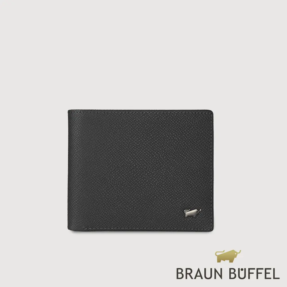 【BRAUN BUFFEL 德國小金牛】台灣總代理 HOMME-ZW 8卡中間翻零錢袋短夾-黑色/BF599-318-BK