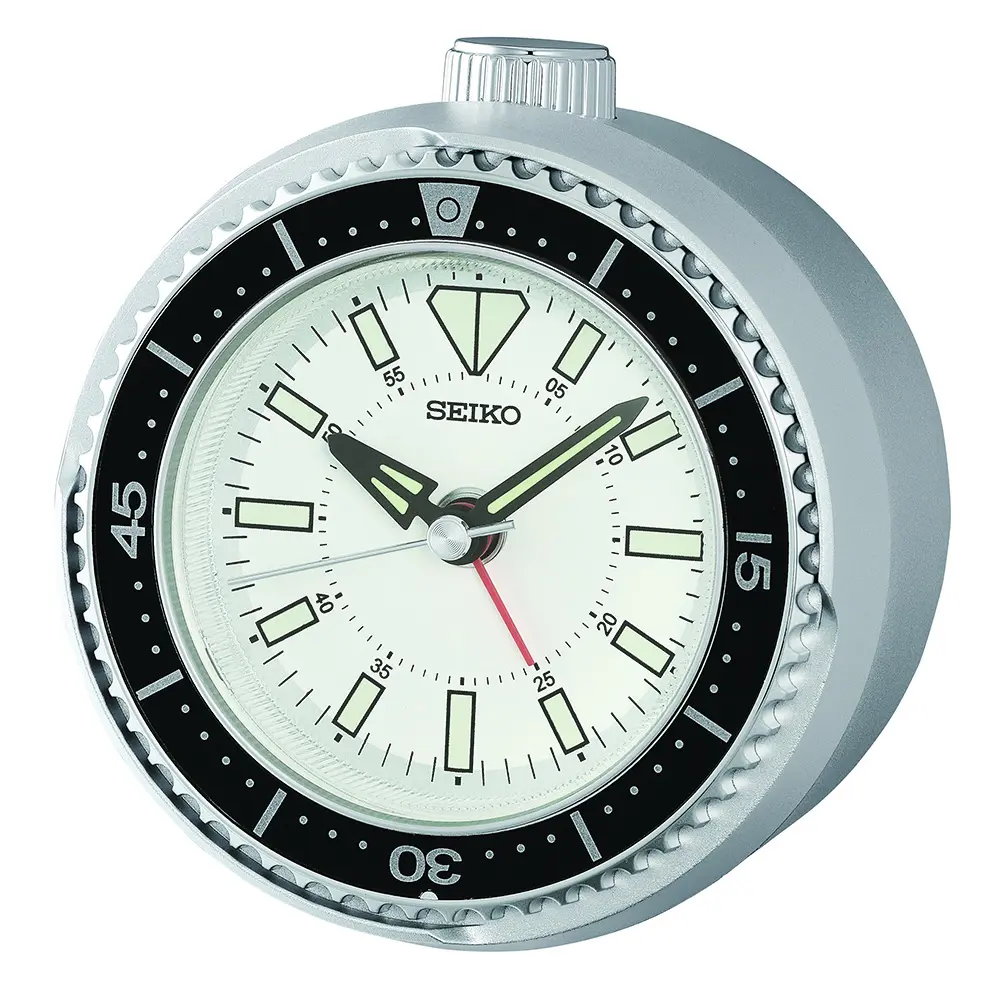 SEIKO 精工 鮪魚罐頭 白水鬼 滑動式秒針嗶嗶聲靜音貪睡造型鬧鐘 聖誕節 交換禮物(QHE207S)